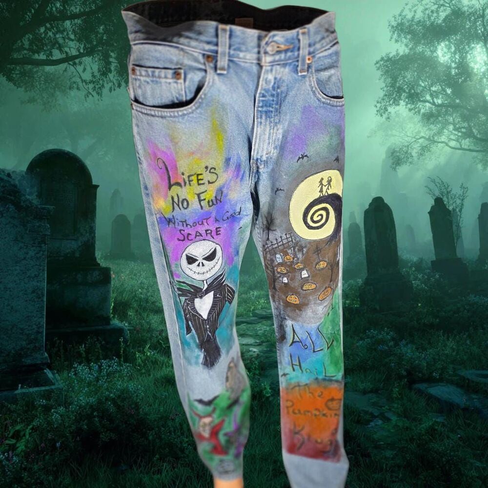 Hand Painted Nightmare Before Christmas Jeans Custom Denim Jack Skellington